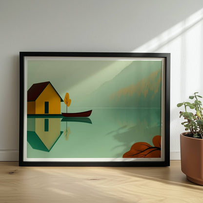 Gelbes Bootshaus mit Ruderboot auf ruhigem See im Nebel, Herbstfarben und reflektierende Wasseroberfläche.. Rahmen schwarz 40x30