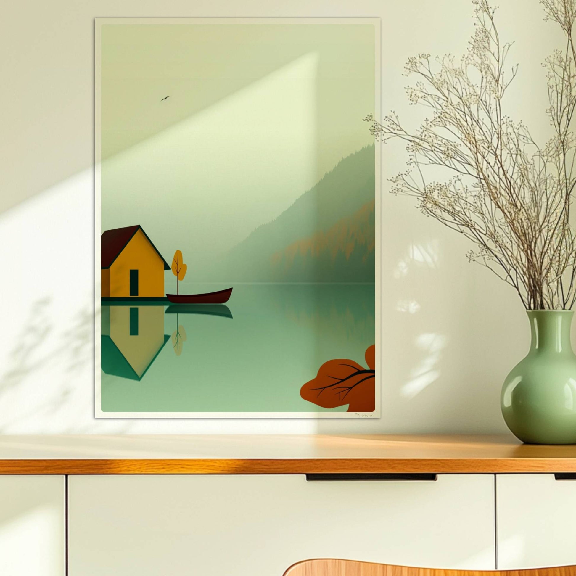 Gelbes Bootshaus mit Ruderboot auf ruhigem See im Nebel, Herbstfarben und reflektierende Wasseroberfläche.. Ohne Rahmen 50x70