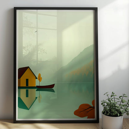 Gelbes Bootshaus mit Ruderboot auf ruhigem See im Nebel, Herbstfarben und reflektierende Wasseroberfläche.. Rahmen schwarz 50x70