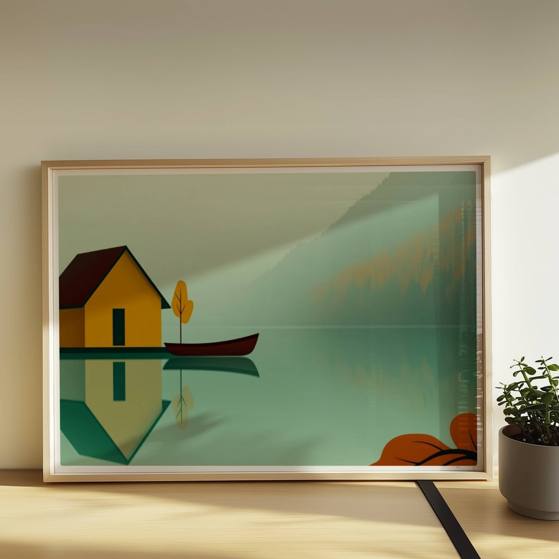 Gelbes Bootshaus mit Ruderboot auf ruhigem See im Nebel, Herbstfarben und reflektierende Wasseroberfläche.. Rahmen natur 70x50