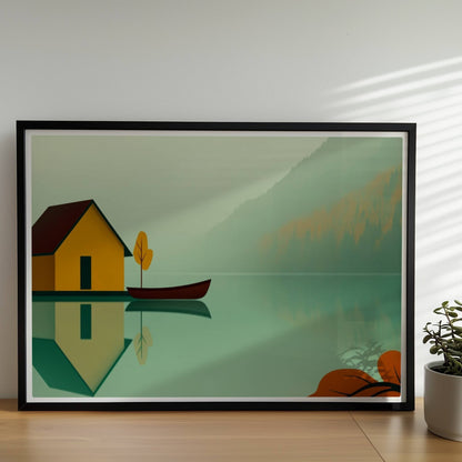 Gelbes Bootshaus mit Ruderboot auf ruhigem See im Nebel, Herbstfarben und reflektierende Wasseroberfläche.. Rahmen schwarz 70x50