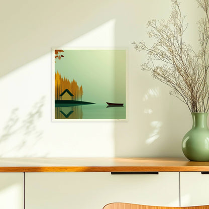 Gelbes Häuschen am See mit grünem Dach, umgeben von herbstlichen Bäumen und einem ruhigen Kanu auf spiegelndem Wasser.. Ohne Rahmen 30x30