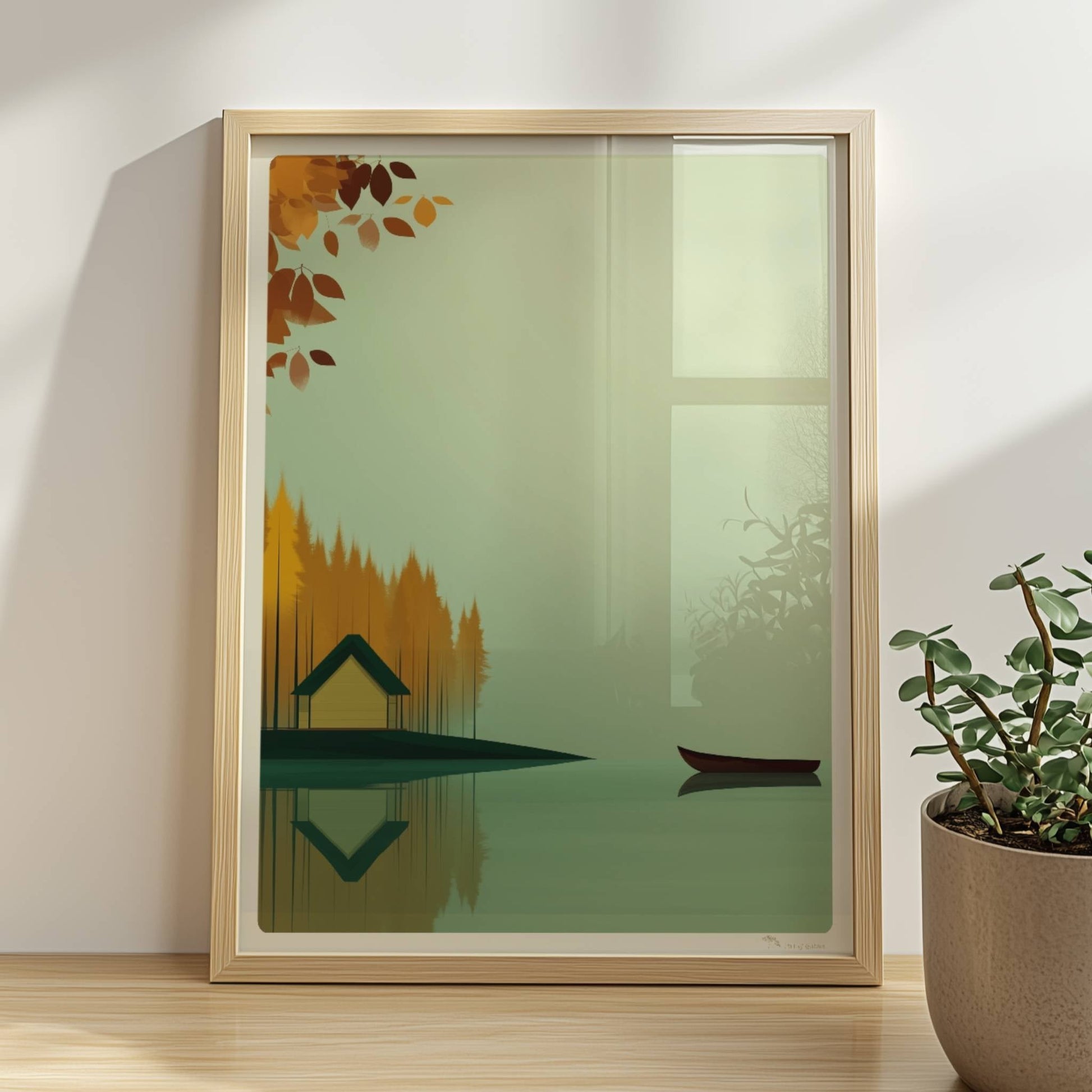 Gelbes Häuschen am See mit grünem Dach, umgeben von herbstlichen Bäumen und einem ruhigen Kanu auf spiegelndem Wasser.. Rahmen natur 30x40