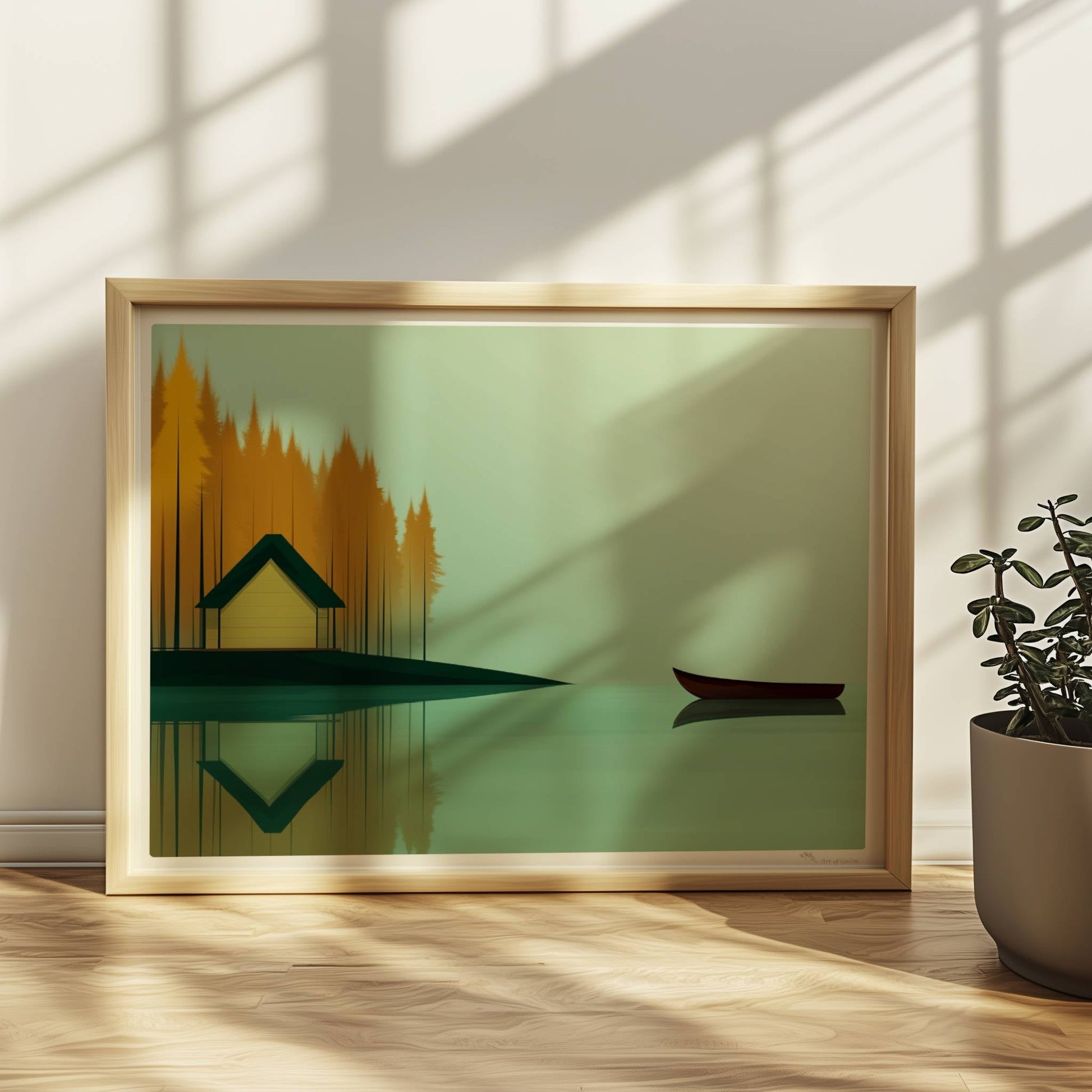 Gelbes Häuschen am See mit grünem Dach, umgeben von herbstlichen Bäumen und einem ruhigen Kanu auf spiegelndem Wasser.. Rahmen natur 40x30
