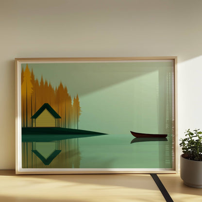 Gelbes Häuschen am See mit grünem Dach, umgeben von herbstlichen Bäumen und einem ruhigen Kanu auf spiegelndem Wasser.. Rahmen natur 70x50