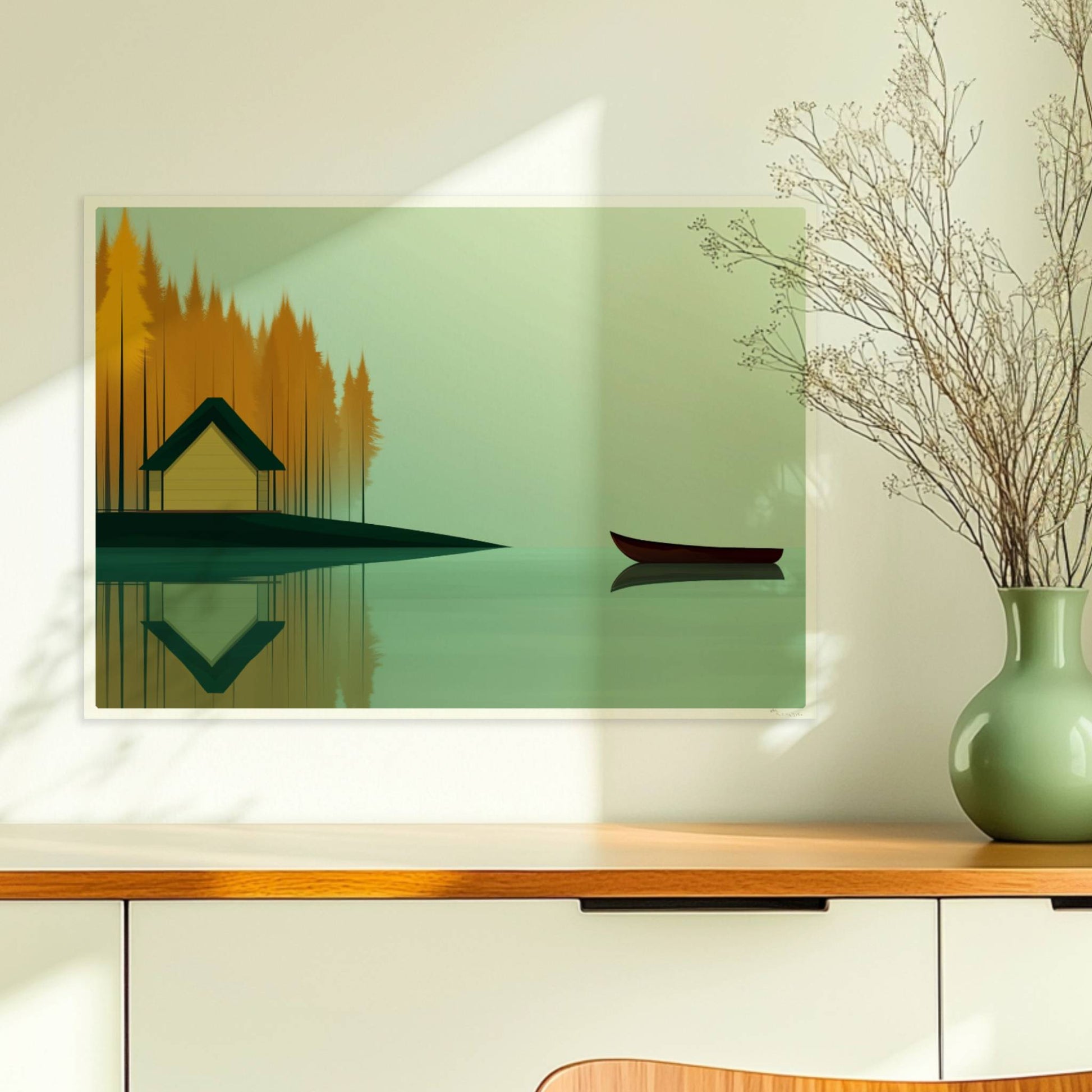 Gelbes Häuschen am See mit grünem Dach, umgeben von herbstlichen Bäumen und einem ruhigen Kanu auf spiegelndem Wasser.. Ohne Rahmen 70x50