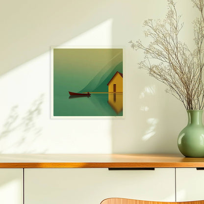 Gelbes Haus am stillen See mit kleinem Fischerboot und Spiegelung vor grünen Bergen im Morgennebel.. Ohne Rahmen 30x30