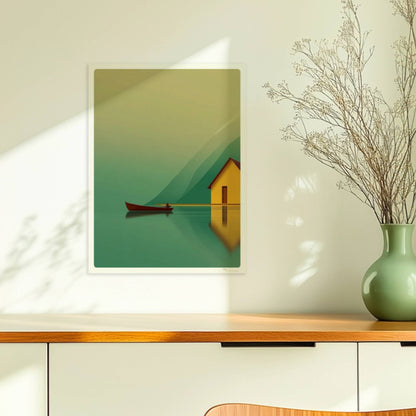 Gelbes Haus am stillen See mit kleinem Fischerboot und Spiegelung vor grünen Bergen im Morgennebel.. Ohne Rahmen 30x40
