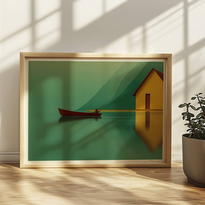 Gelbes Haus am stillen See mit kleinem Fischerboot und Spiegelung vor grünen Bergen im Morgennebel.. Rahmen natur 40x30