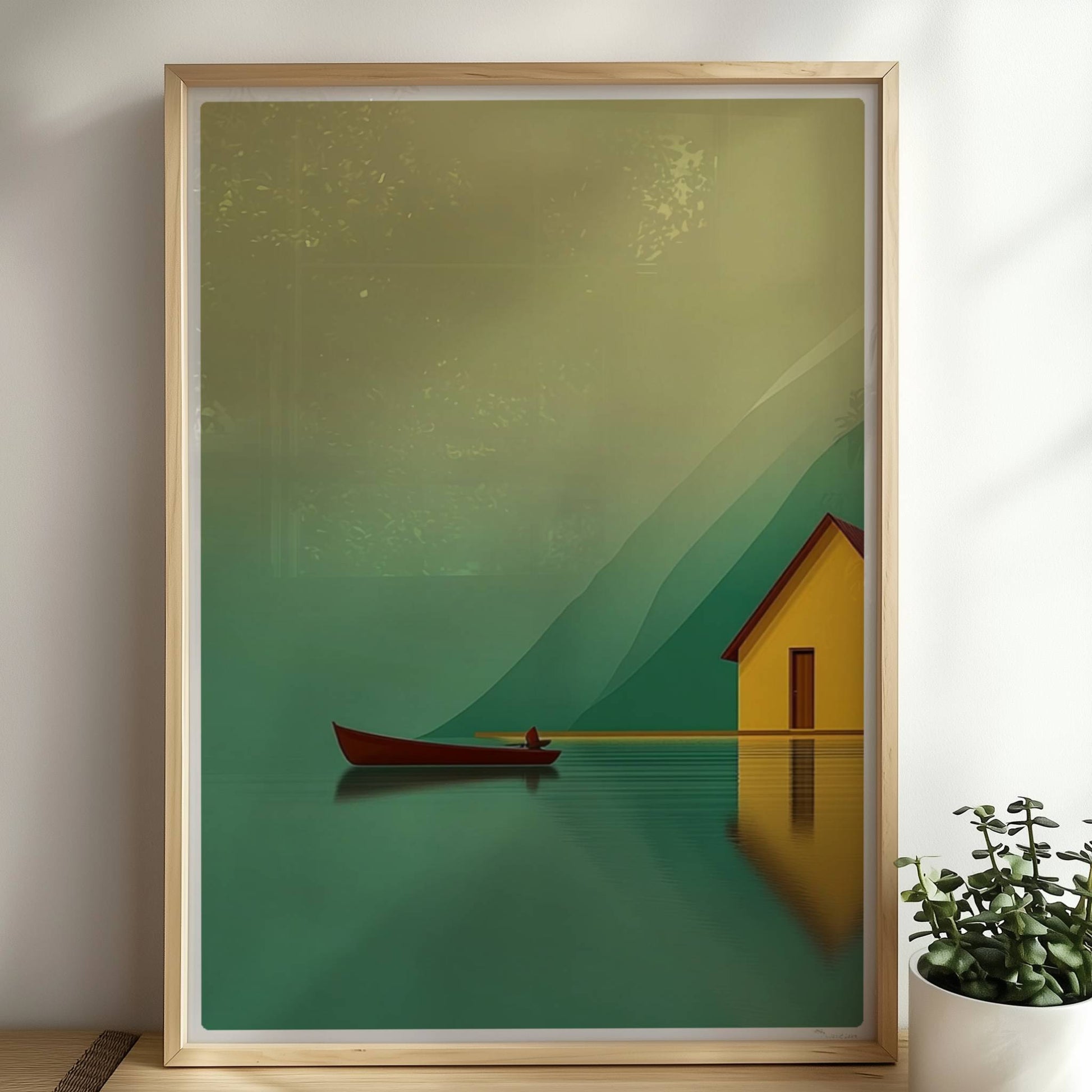 Gelbes Haus am stillen See mit kleinem Fischerboot und Spiegelung vor grünen Bergen im Morgennebel.. Rahmen natur 50x70
