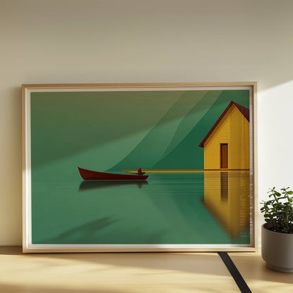 Gelbes Haus am stillen See mit kleinem Fischerboot und Spiegelung vor grünen Bergen im Morgennebel.. Rahmen natur 70x50