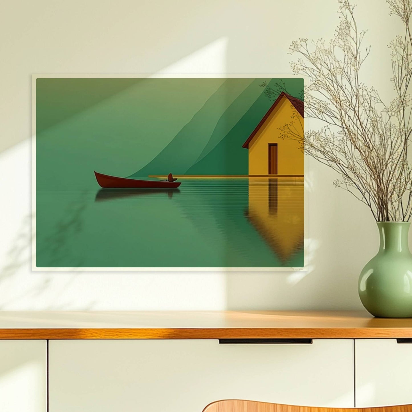 Gelbes Haus am stillen See mit kleinem Fischerboot und Spiegelung vor grünen Bergen im Morgennebel.. Ohne Rahmen 70x50