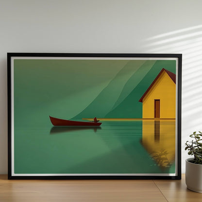 Gelbes Haus am stillen See mit kleinem Fischerboot und Spiegelung vor grünen Bergen im Morgennebel.. Rahmen schwarz 70x50
