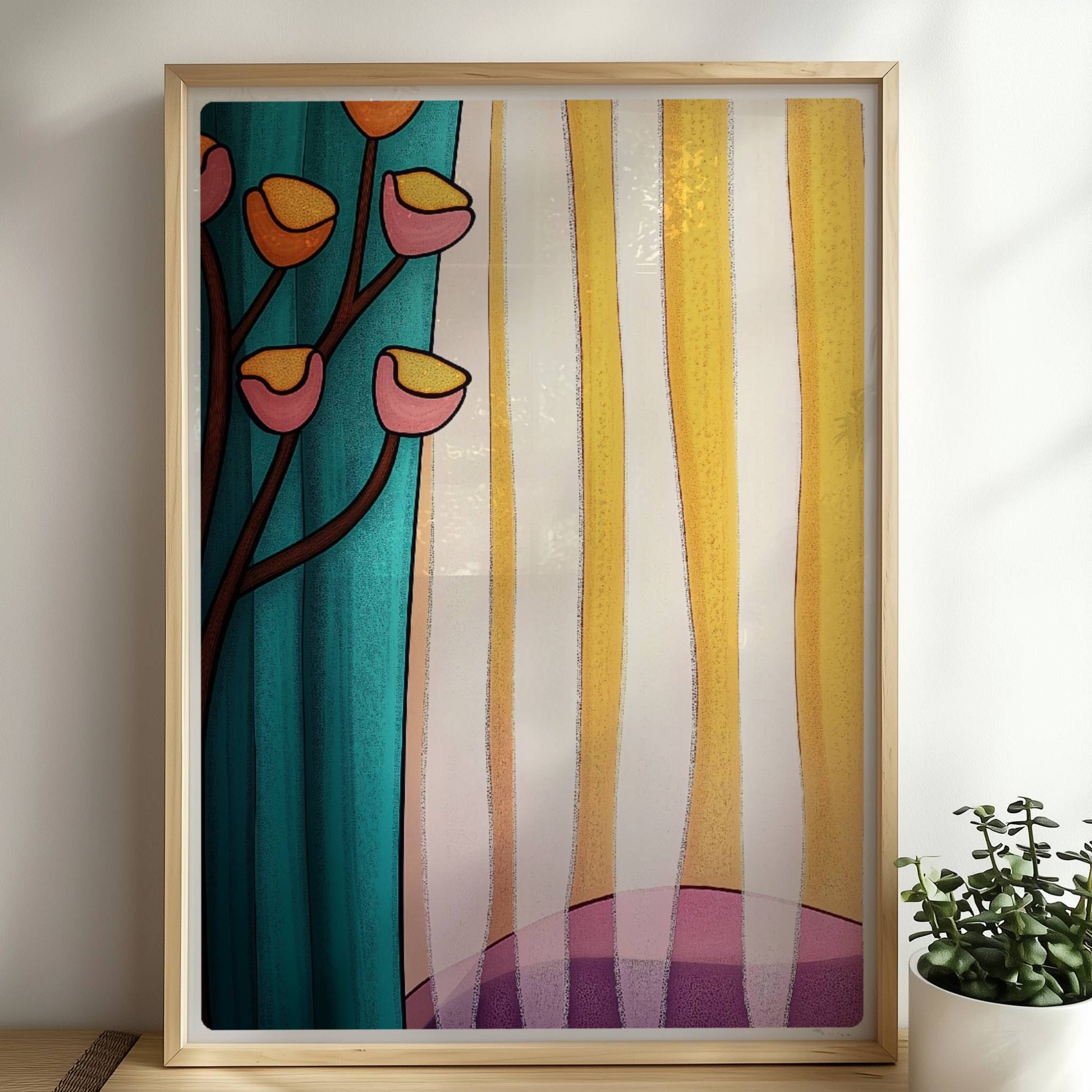 Verspielte Blumen in Gelb und Rosa vor gestreifter Gardine in Türkis und Sonnengelb, abstrakter Innenraum.. Rahmen natur 50x70