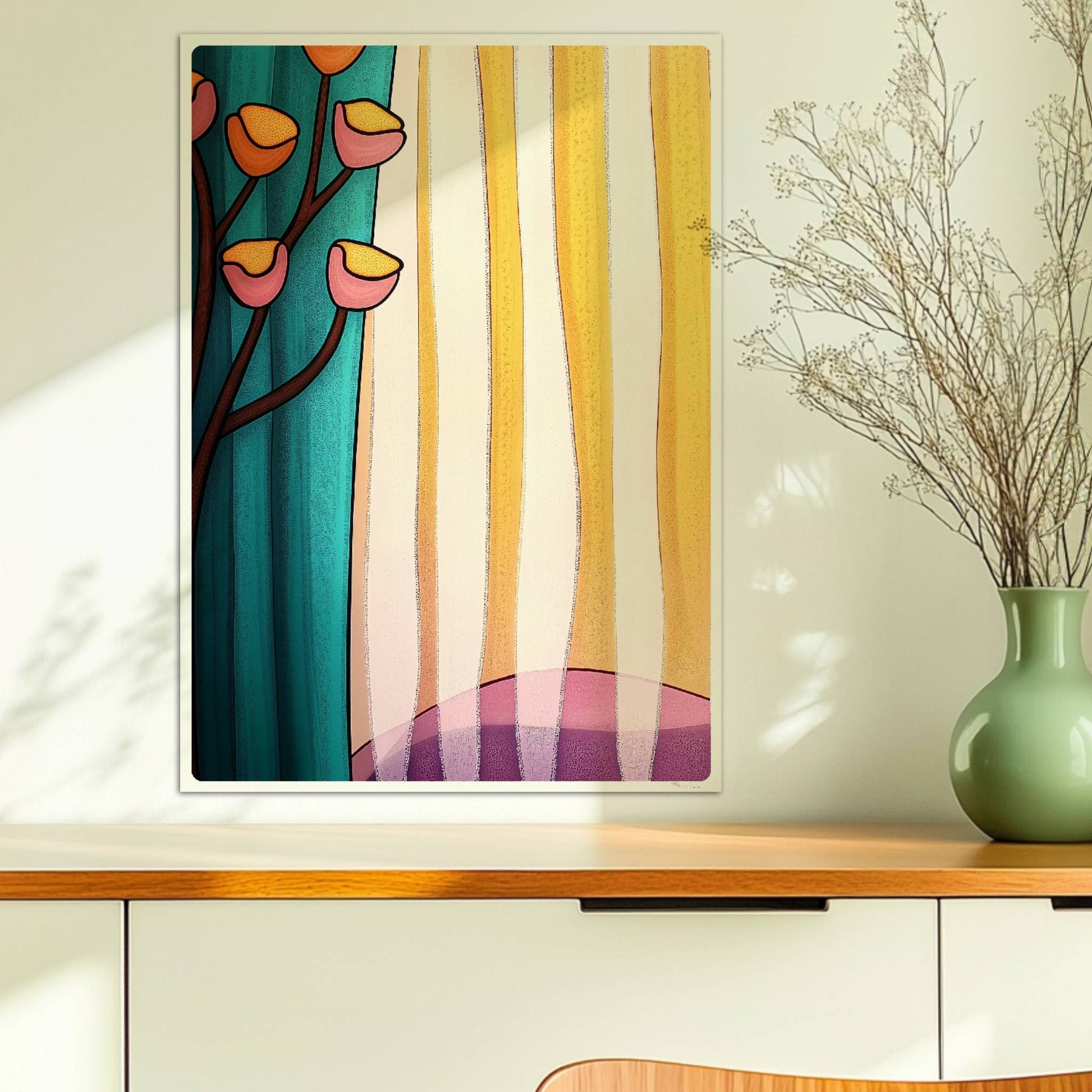Verspielte Blumen in Gelb und Rosa vor gestreifter Gardine in Türkis und Sonnengelb, abstrakter Innenraum.. Ohne Rahmen 50x70