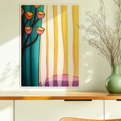 Verspielte Blumen in Gelb und Rosa vor gestreifter Gardine in Türkis und Sonnengelb, abstrakter Innenraum.. Ohne Rahmen 50x70