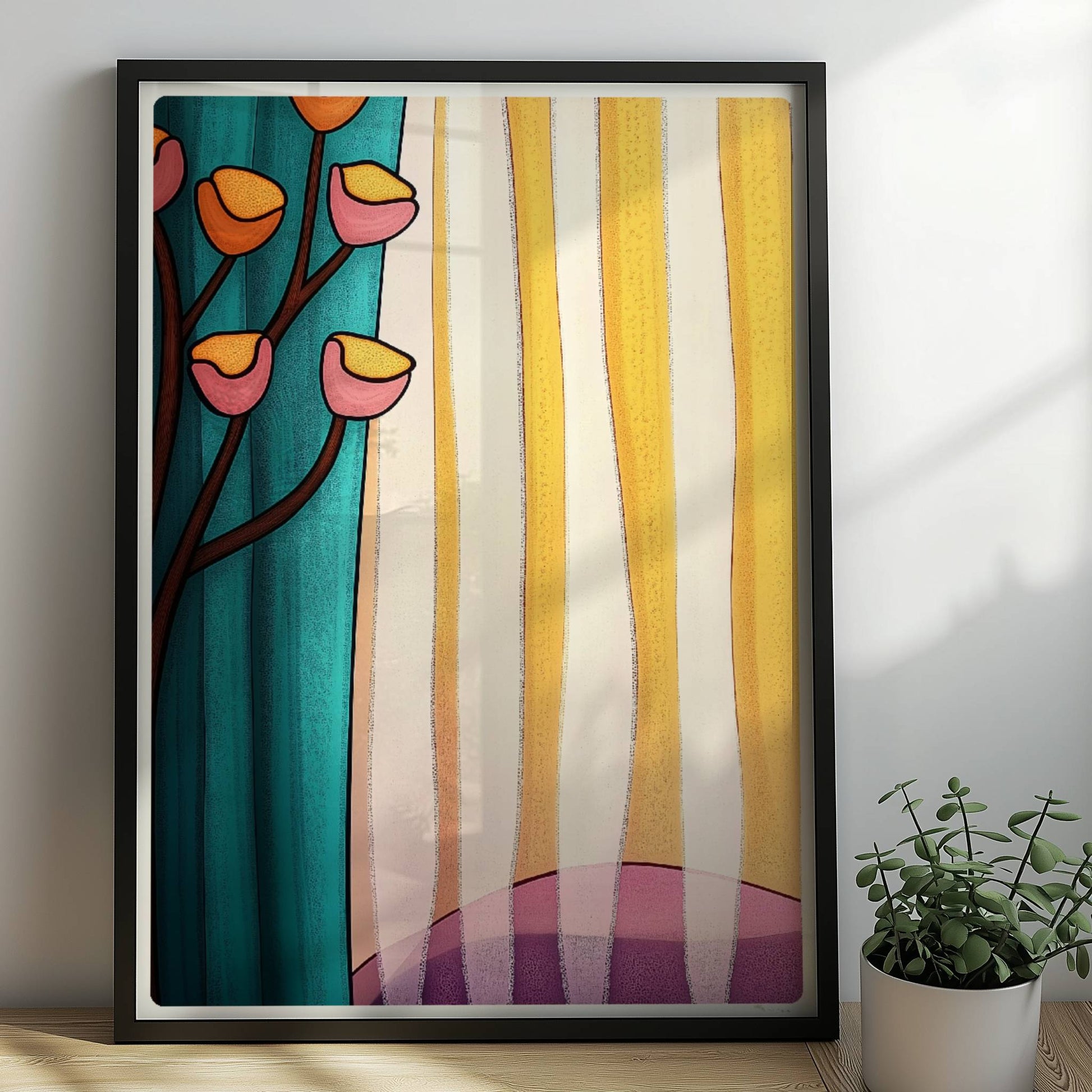 Verspielte Blumen in Gelb und Rosa vor gestreifter Gardine in Türkis und Sonnengelb, abstrakter Innenraum.. Rahmen schwarz 50x70