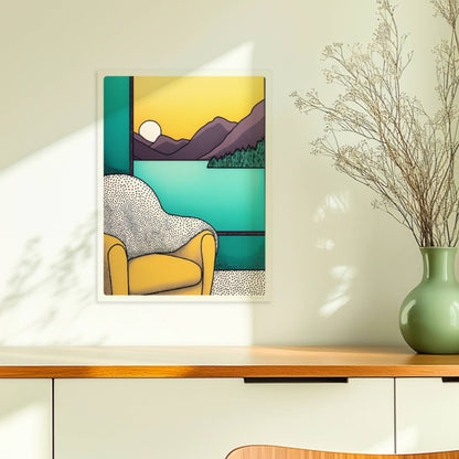 Gelber Sessel vor großem Fenster mit Blick auf violette Berge bei Sonnenuntergang, türkisfarbener Innenraum.. Ohne Rahmen 30x40