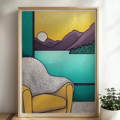Gelber Sessel vor großem Fenster mit Blick auf violette Berge bei Sonnenuntergang, türkisfarbener Innenraum.. Rahmen natur 50x70