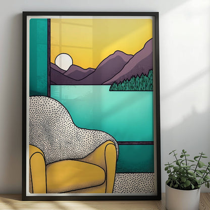 Gelber Sessel vor großem Fenster mit Blick auf violette Berge bei Sonnenuntergang, türkisfarbener Innenraum.. Rahmen schwarz 50x70