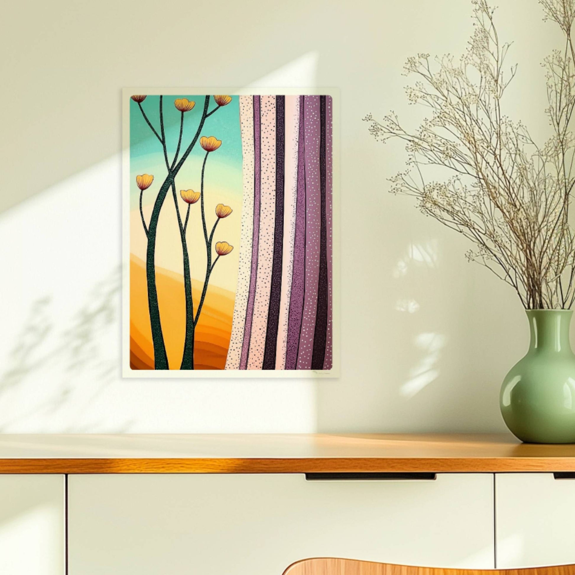 Stilisierte gelbe Blumen vor pastellfarbenem Horizont mit lilafarbenen Vorhängen, grafischer Innenraum.. Ohne Rahmen 30x40