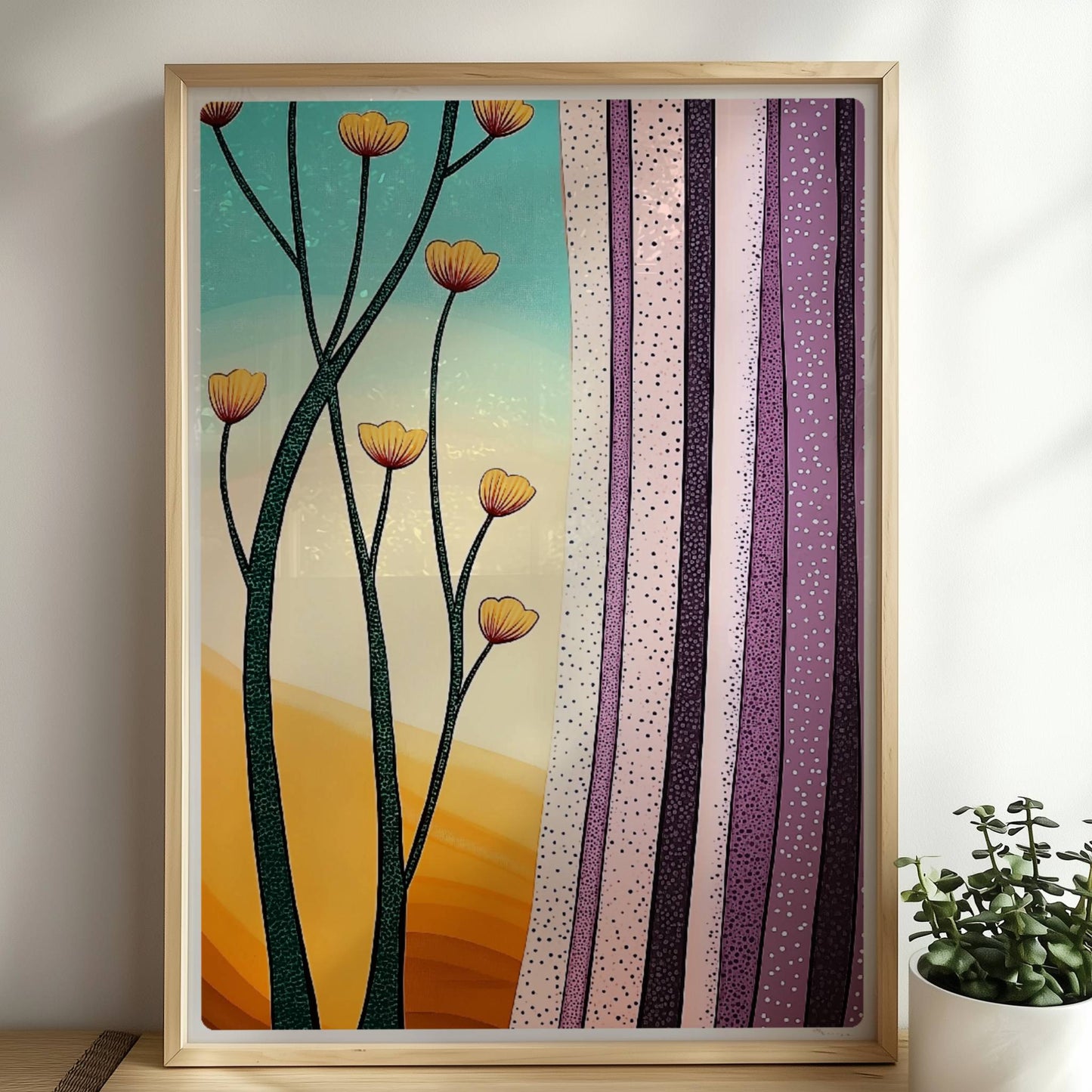 Stilisierte gelbe Blumen vor pastellfarbenem Horizont mit lilafarbenen Vorhängen, grafischer Innenraum.. Rahmen natur 50x70