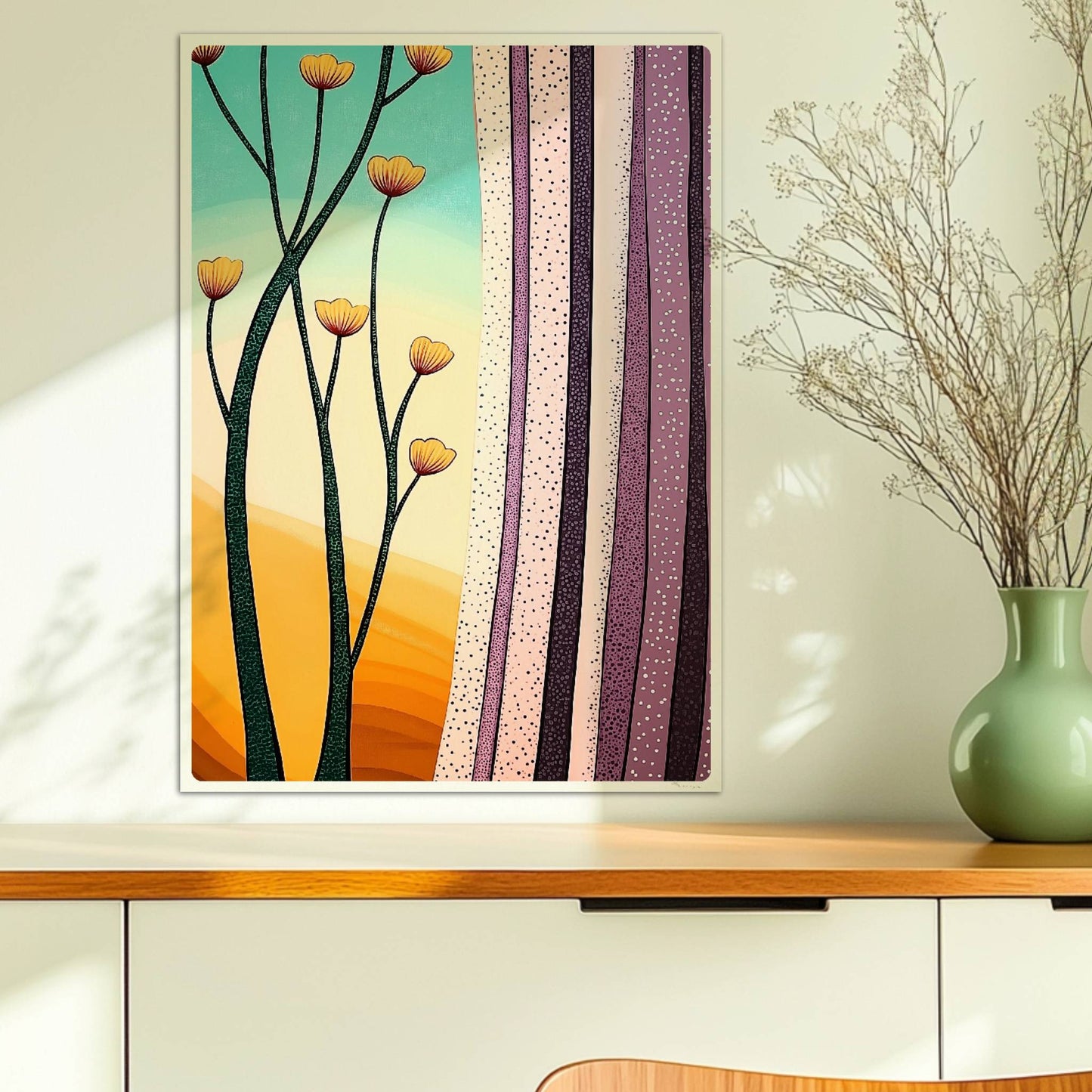Stilisierte gelbe Blumen vor pastellfarbenem Horizont mit lilafarbenen Vorhängen, grafischer Innenraum.. Ohne Rahmen 50x70