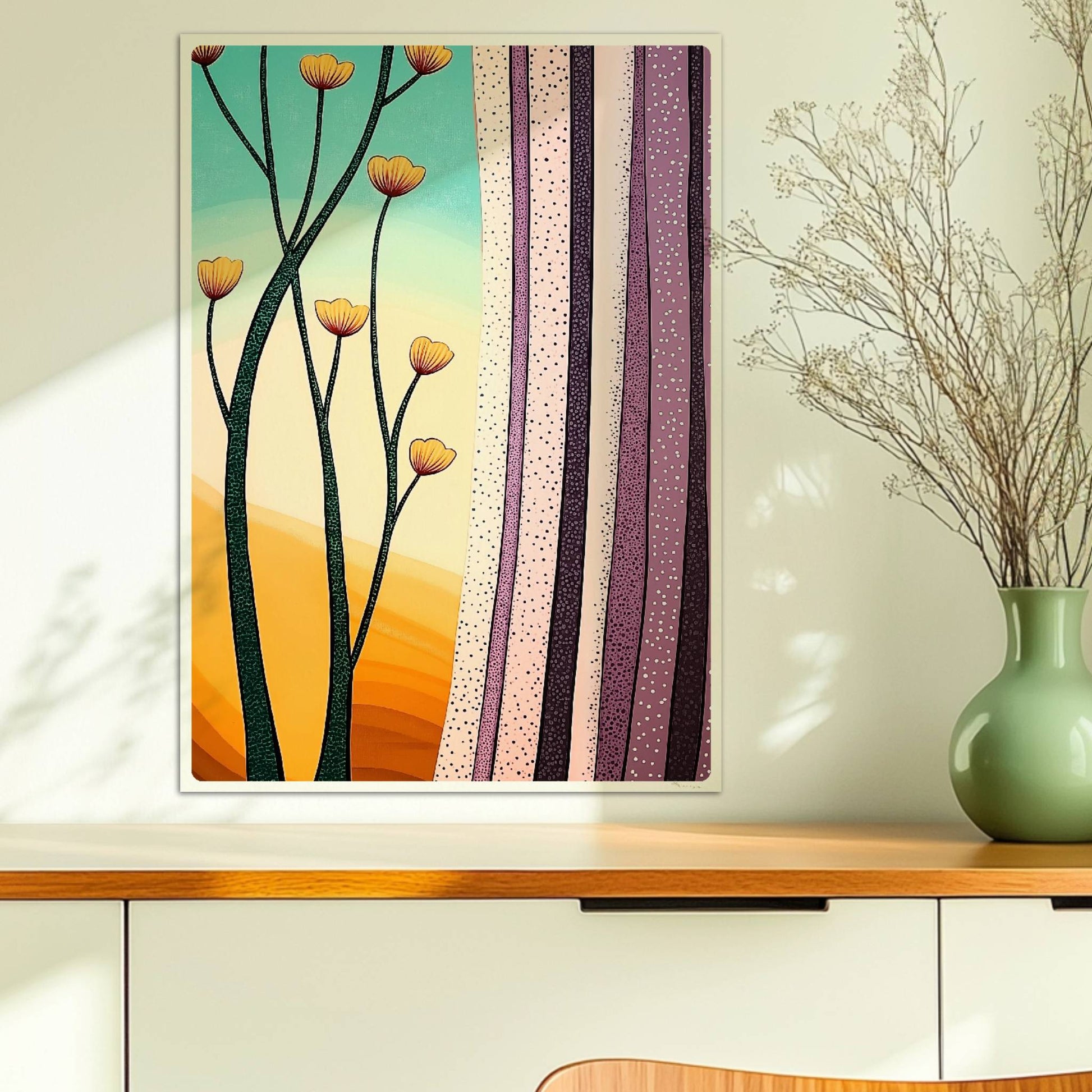 Stilisierte gelbe Blumen vor pastellfarbenem Horizont mit lilafarbenen Vorhängen, grafischer Innenraum.. Ohne Rahmen 50x70