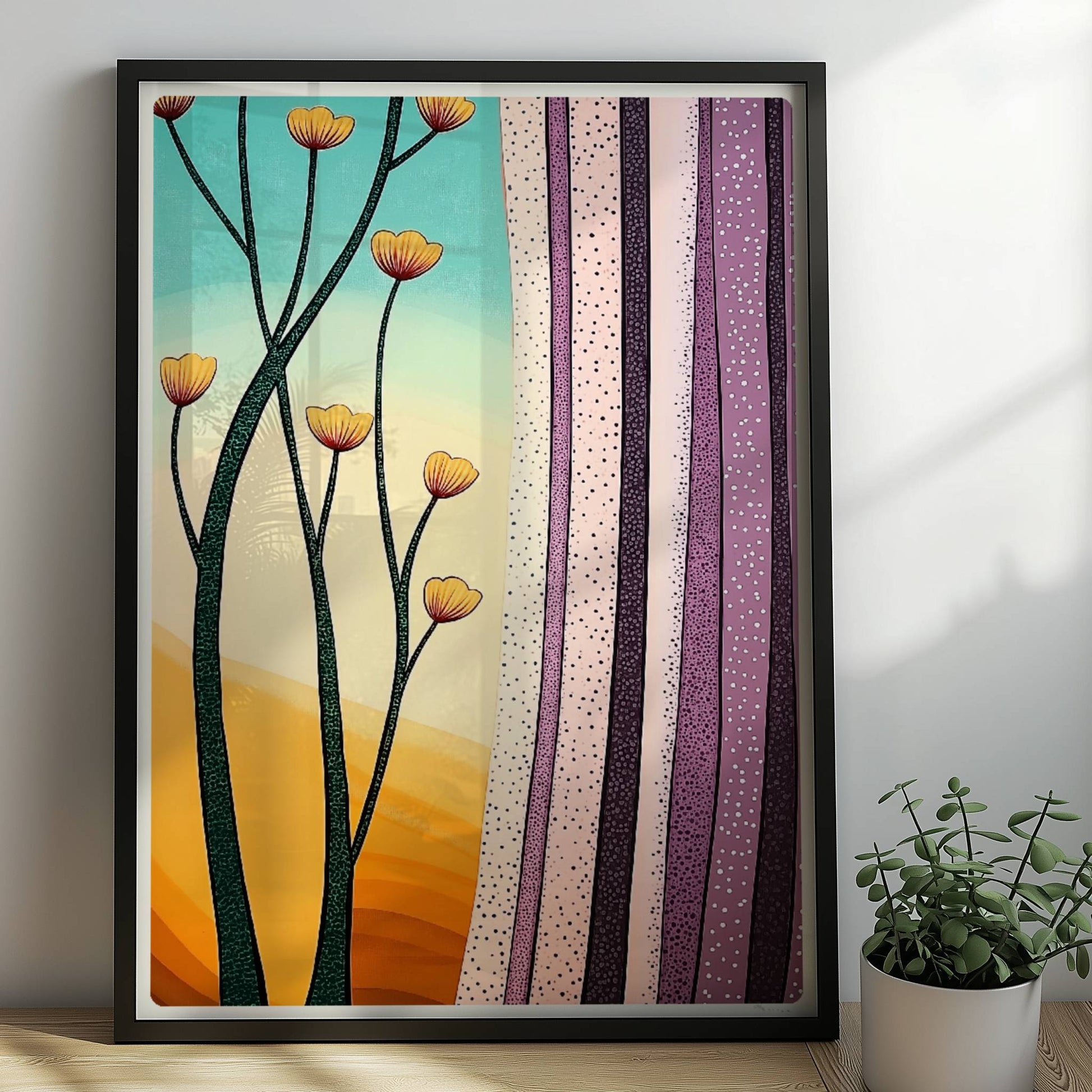 Stilisierte gelbe Blumen vor pastellfarbenem Horizont mit lilafarbenen Vorhängen, grafischer Innenraum.. Rahmen schwarz 50x70
