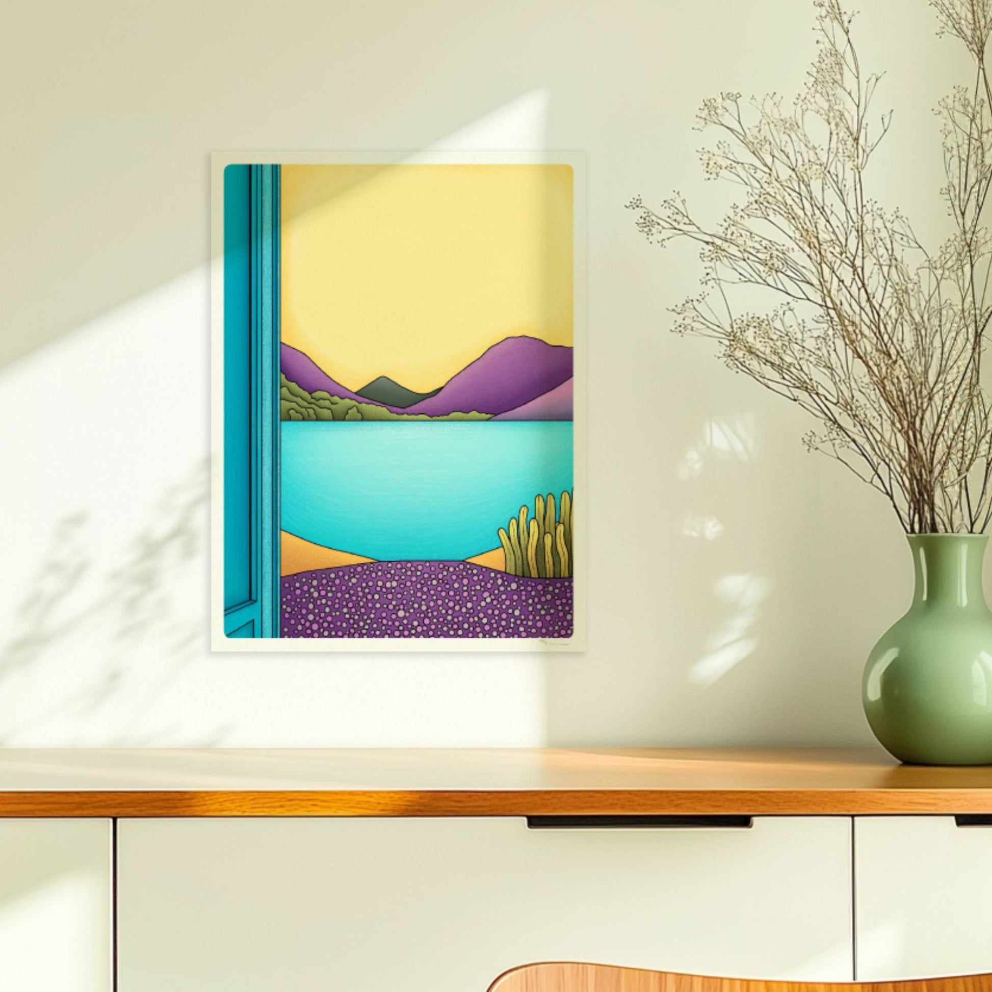 Grafischer Blick durch ein offenes türkisfarbenes Fenster auf einen See mit lila Bergen und gelbem Himmel.. Ohne Rahmen 30x40
