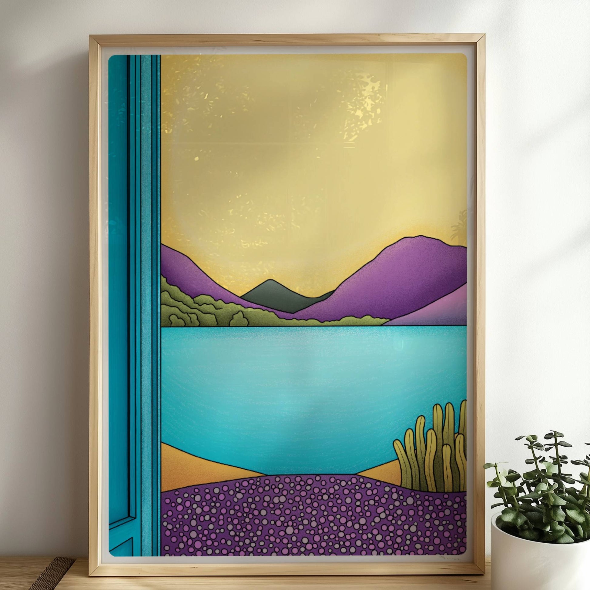 Grafischer Blick durch ein offenes türkisfarbenes Fenster auf einen See mit lila Bergen und gelbem Himmel.. Rahmen natur 50x70