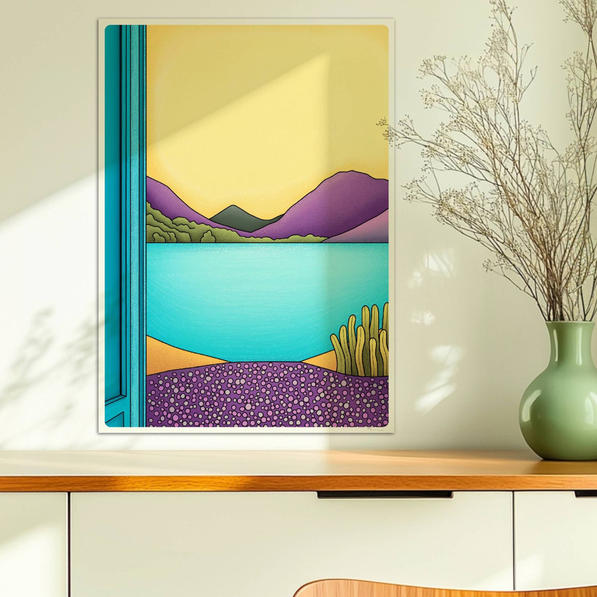 Grafischer Blick durch ein offenes türkisfarbenes Fenster auf einen See mit lila Bergen und gelbem Himmel.. Ohne Rahmen 50x70