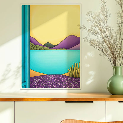 Grafischer Blick durch ein offenes türkisfarbenes Fenster auf einen See mit lila Bergen und gelbem Himmel.. Ohne Rahmen 50x70