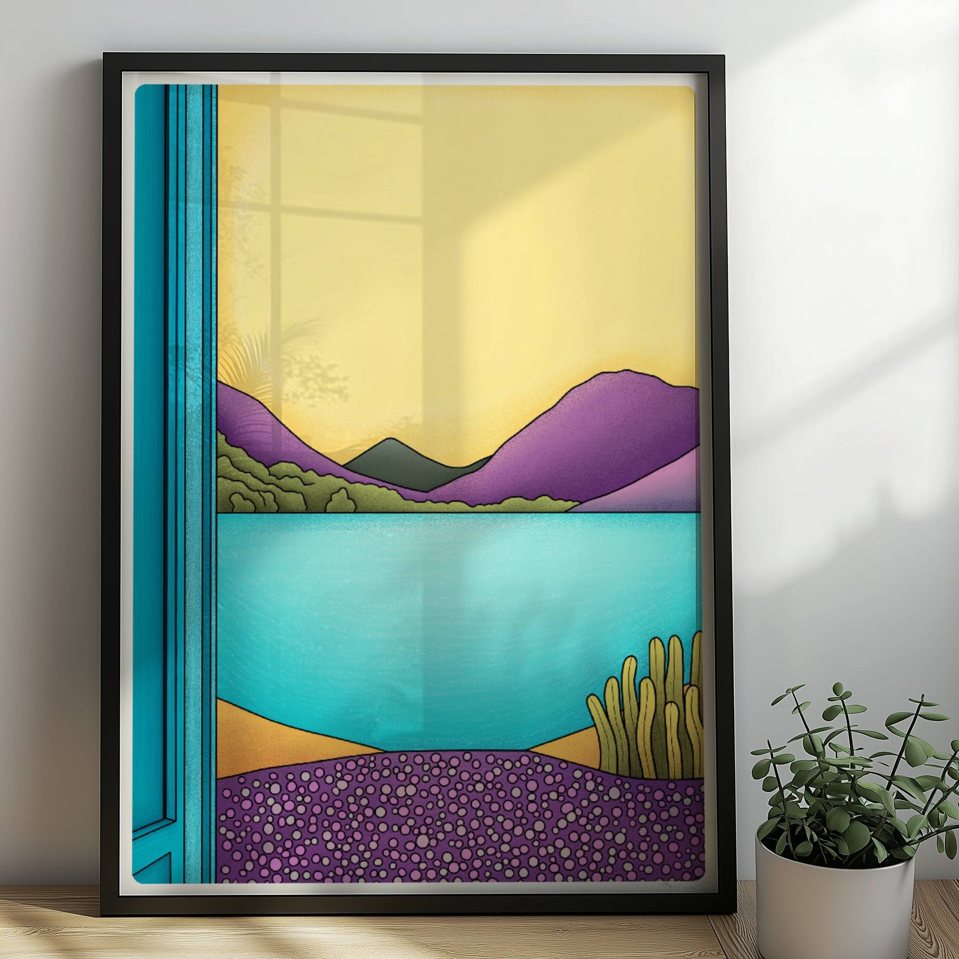 Grafischer Blick durch ein offenes türkisfarbenes Fenster auf einen See mit lila Bergen und gelbem Himmel.. Rahmen schwarz 50x70