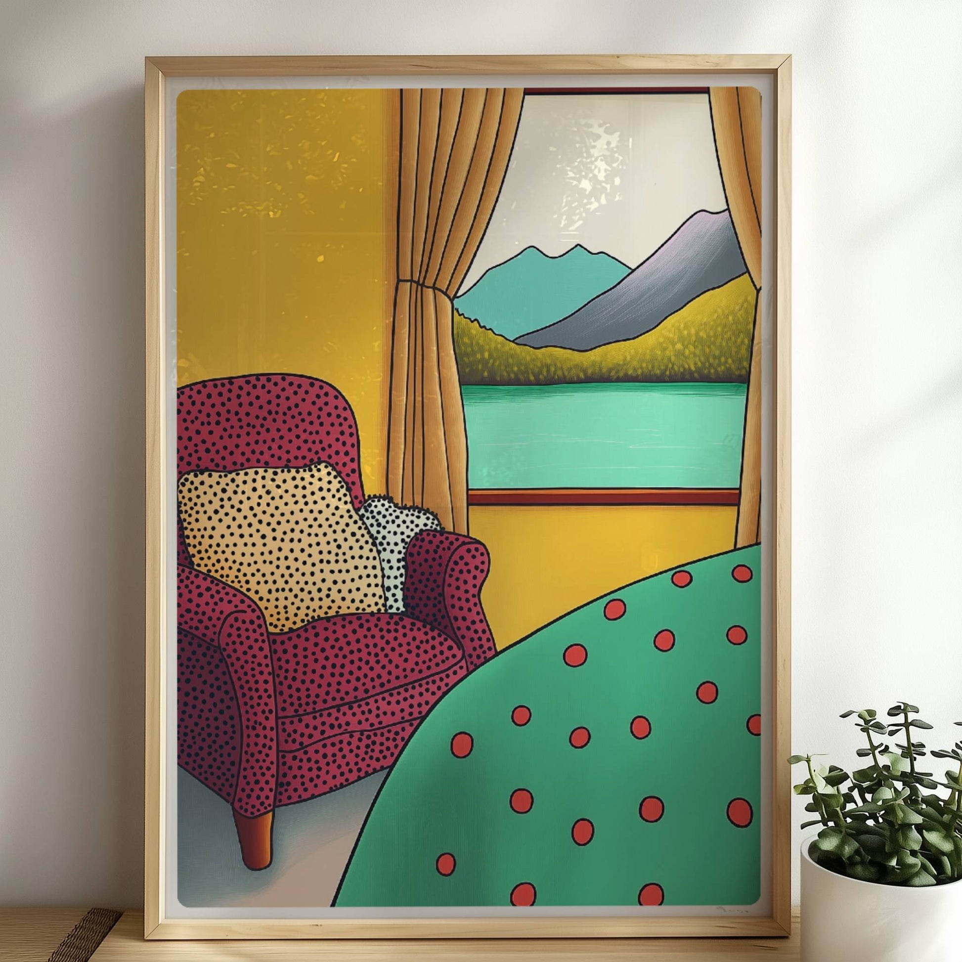 Gemütlicher roter Sessel vor einem Fenster mit Blick auf türkisen See, grüne Wälder und blaue Berge.. Rahmen natur 50x70
