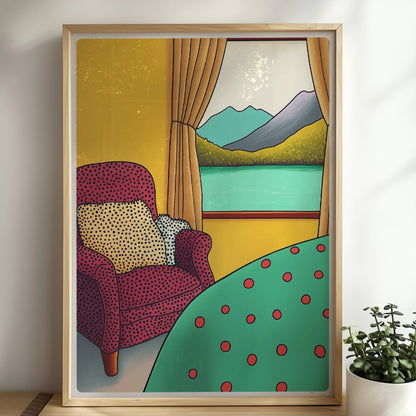 Gemütlicher roter Sessel vor einem Fenster mit Blick auf türkisen See, grüne Wälder und blaue Berge.. Rahmen natur 50x70