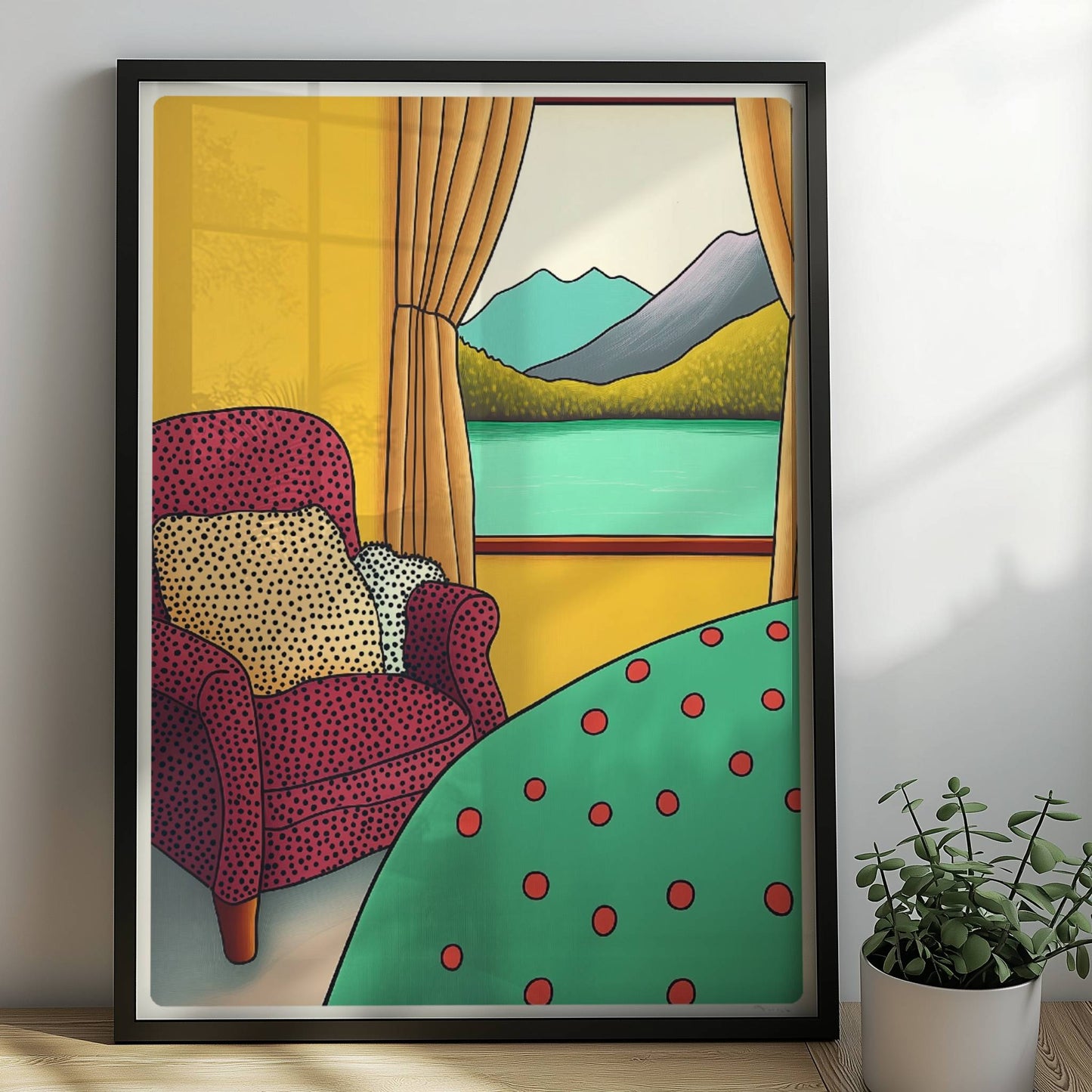 Gemütlicher roter Sessel vor einem Fenster mit Blick auf türkisen See, grüne Wälder und blaue Berge.. Rahmen schwarz 50x70