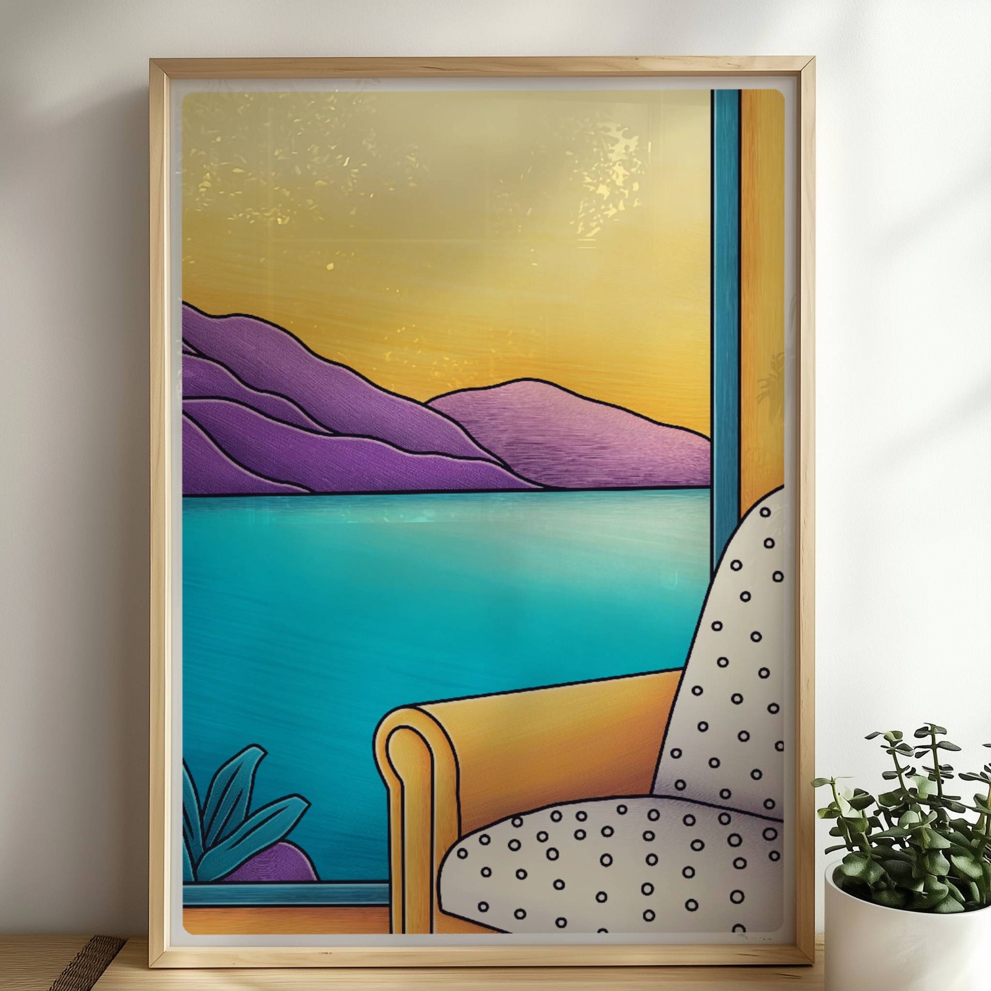 Gelber Sessel vor großem Fenster mit Blick auf türkisblauen See und lila Berglandschaft im Sonnenuntergang.. Rahmen natur 50x70