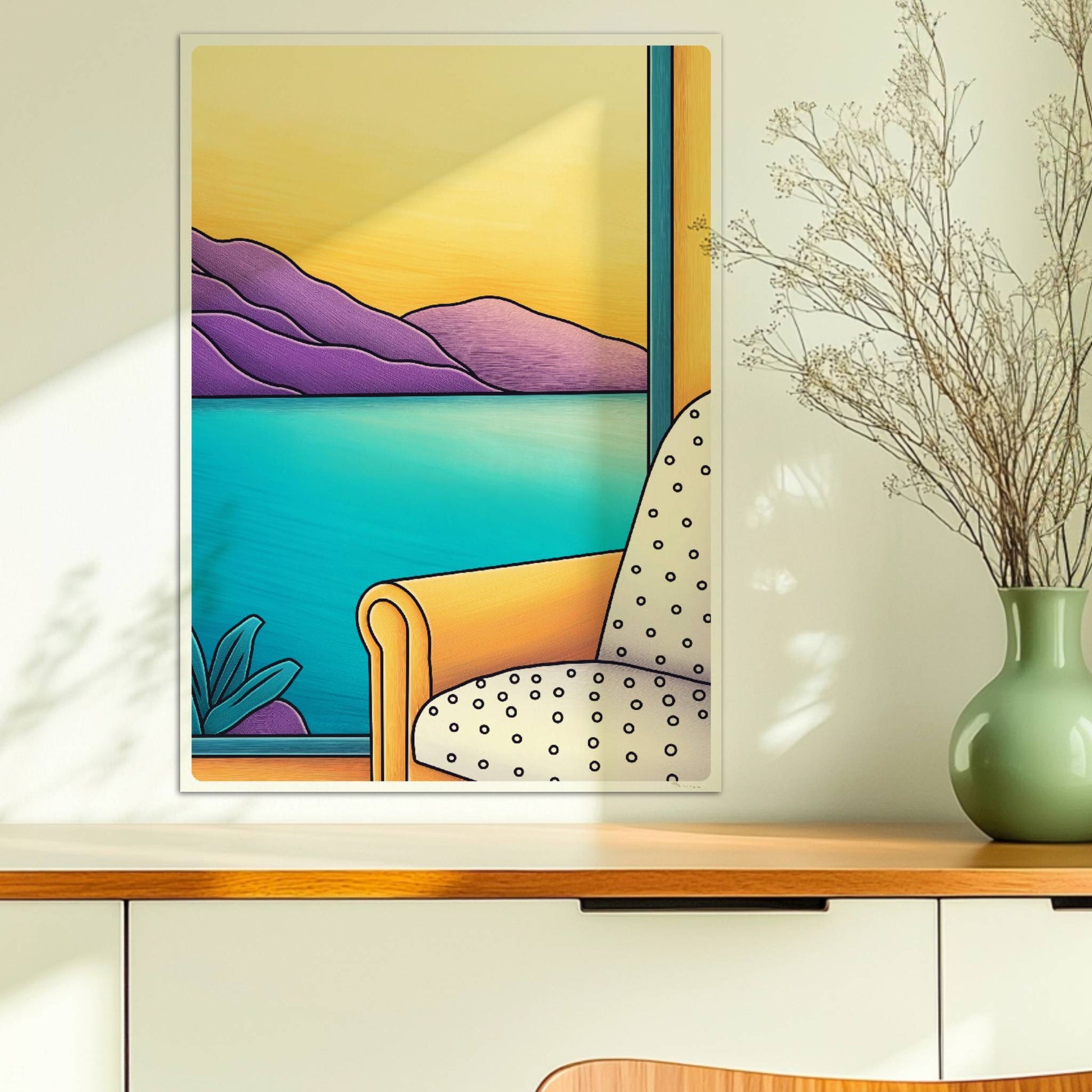 Gelber Sessel vor großem Fenster mit Blick auf türkisblauen See und lila Berglandschaft im Sonnenuntergang.. Ohne Rahmen 50x70