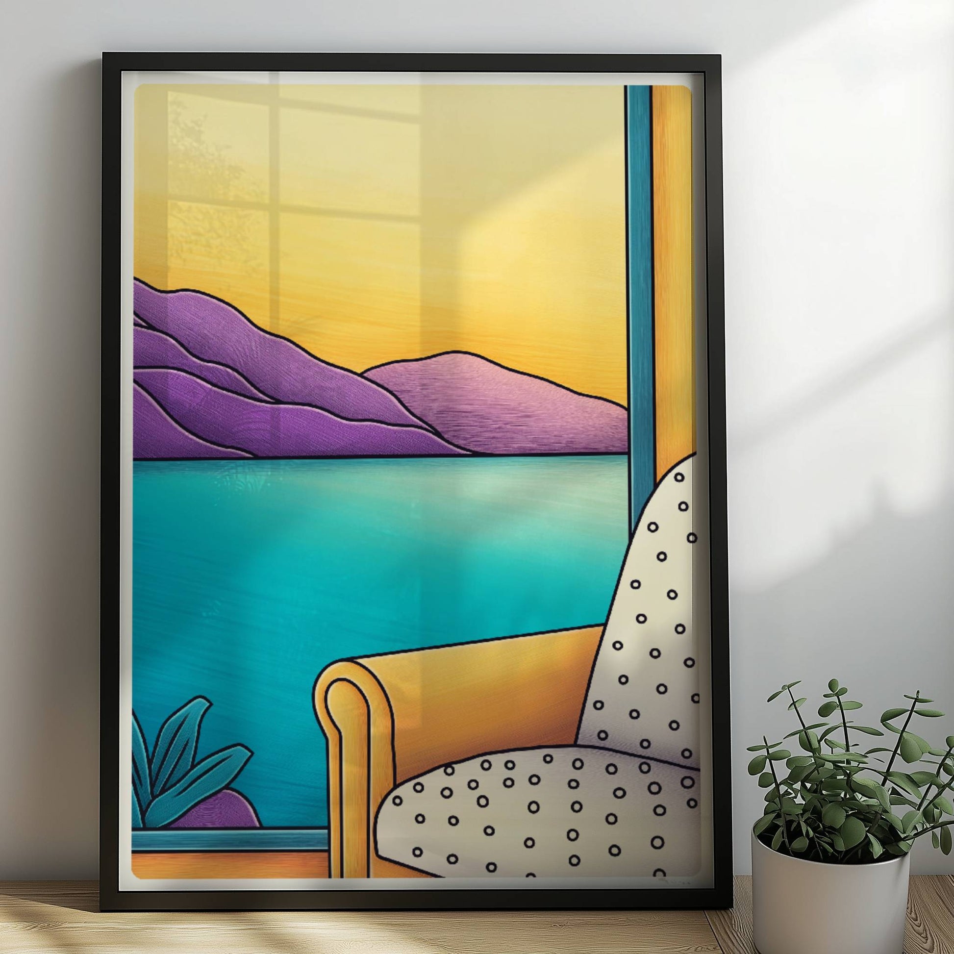 Gelber Sessel vor großem Fenster mit Blick auf türkisblauen See und lila Berglandschaft im Sonnenuntergang.. Rahmen schwarz 50x70
