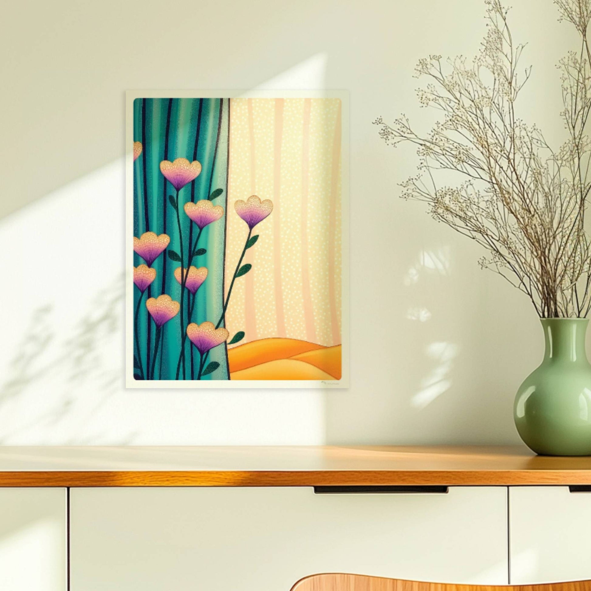 Lila und gelbe Blüten vor türkisfarbenem Vorhang mit goldenem Wellenmuster im Hintergrund – moderne dekorative Illustration.. Ohne Rahmen 30x40
