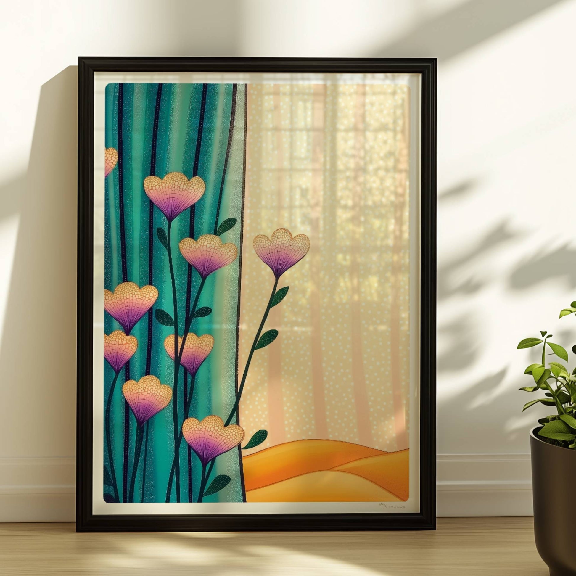 Lila und gelbe Blüten vor türkisfarbenem Vorhang mit goldenem Wellenmuster im Hintergrund – moderne dekorative Illustration.. Rahmen schwarz 30x40
