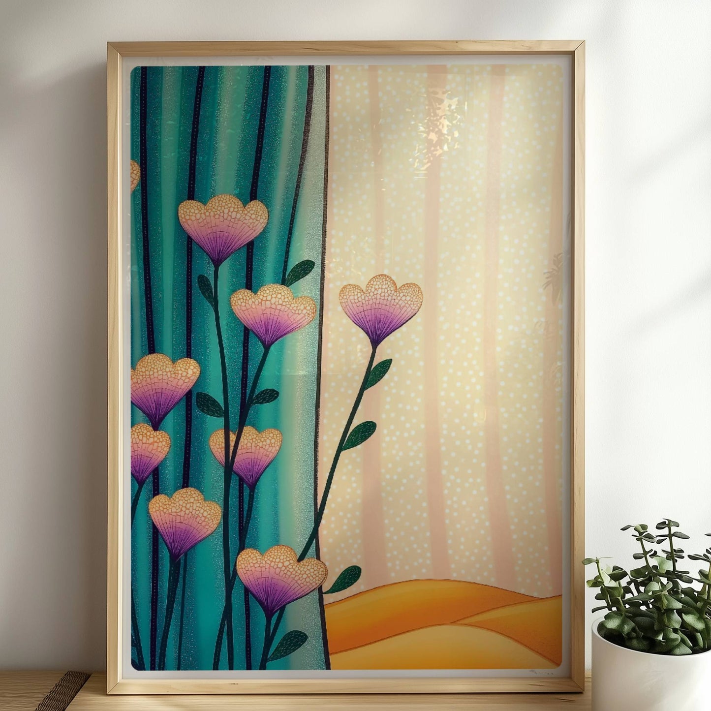 Lila und gelbe Blüten vor türkisfarbenem Vorhang mit goldenem Wellenmuster im Hintergrund – moderne dekorative Illustration.. Rahmen natur 50x70