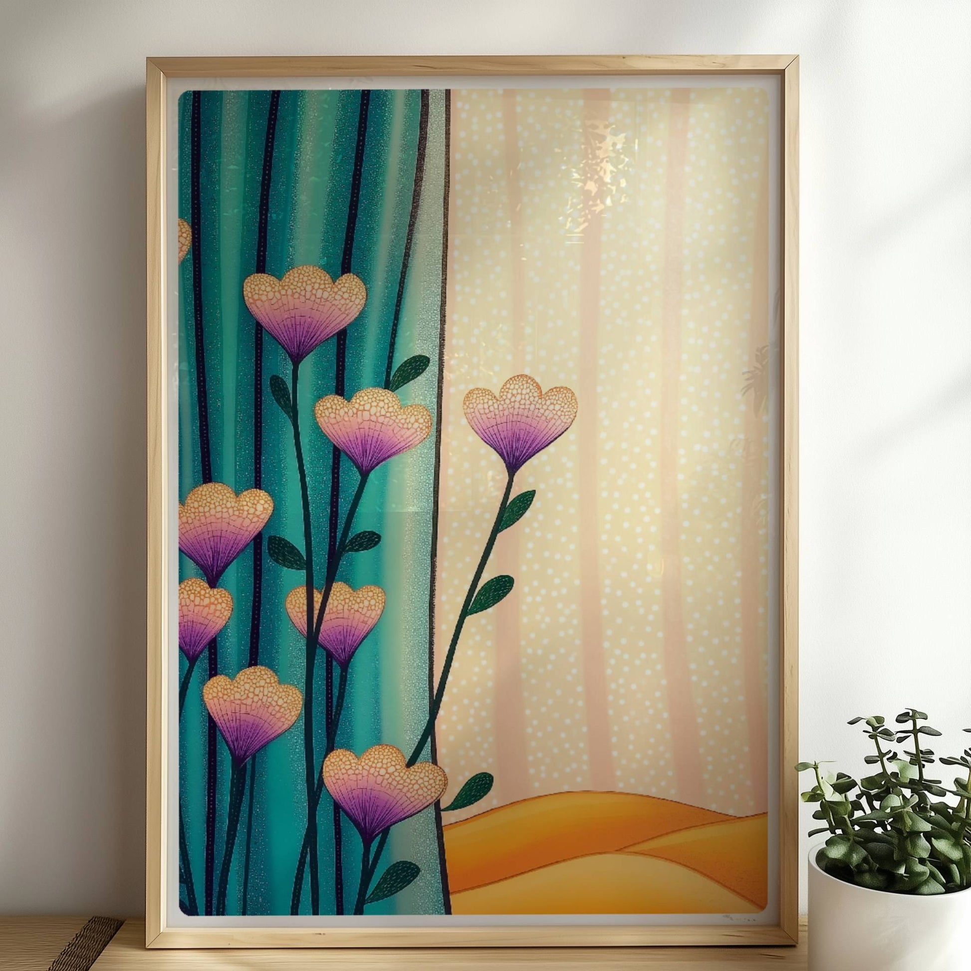 Lila und gelbe Blüten vor türkisfarbenem Vorhang mit goldenem Wellenmuster im Hintergrund – moderne dekorative Illustration.. Rahmen natur 50x70
