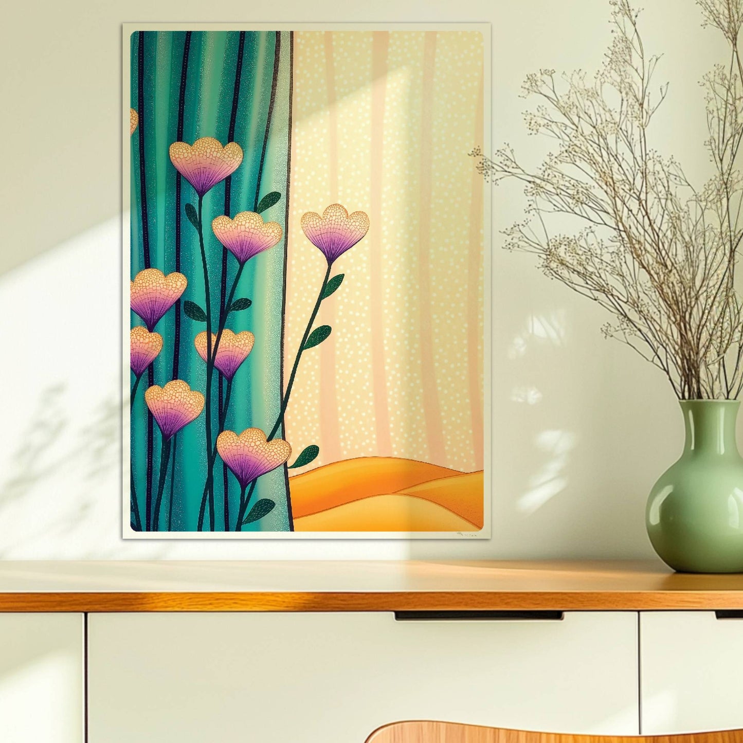 Lila und gelbe Blüten vor türkisfarbenem Vorhang mit goldenem Wellenmuster im Hintergrund – moderne dekorative Illustration.. Ohne Rahmen 50x70