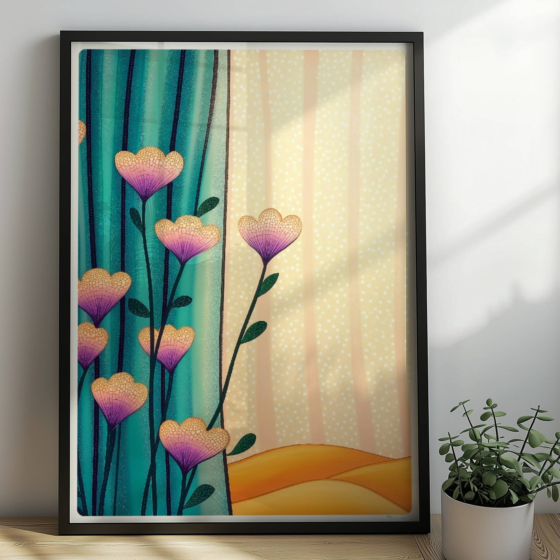 Lila und gelbe Blüten vor türkisfarbenem Vorhang mit goldenem Wellenmuster im Hintergrund – moderne dekorative Illustration.. Rahmen schwarz 50x70