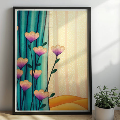 Lila und gelbe Blüten vor türkisfarbenem Vorhang mit goldenem Wellenmuster im Hintergrund – moderne dekorative Illustration.. Rahmen schwarz 50x70