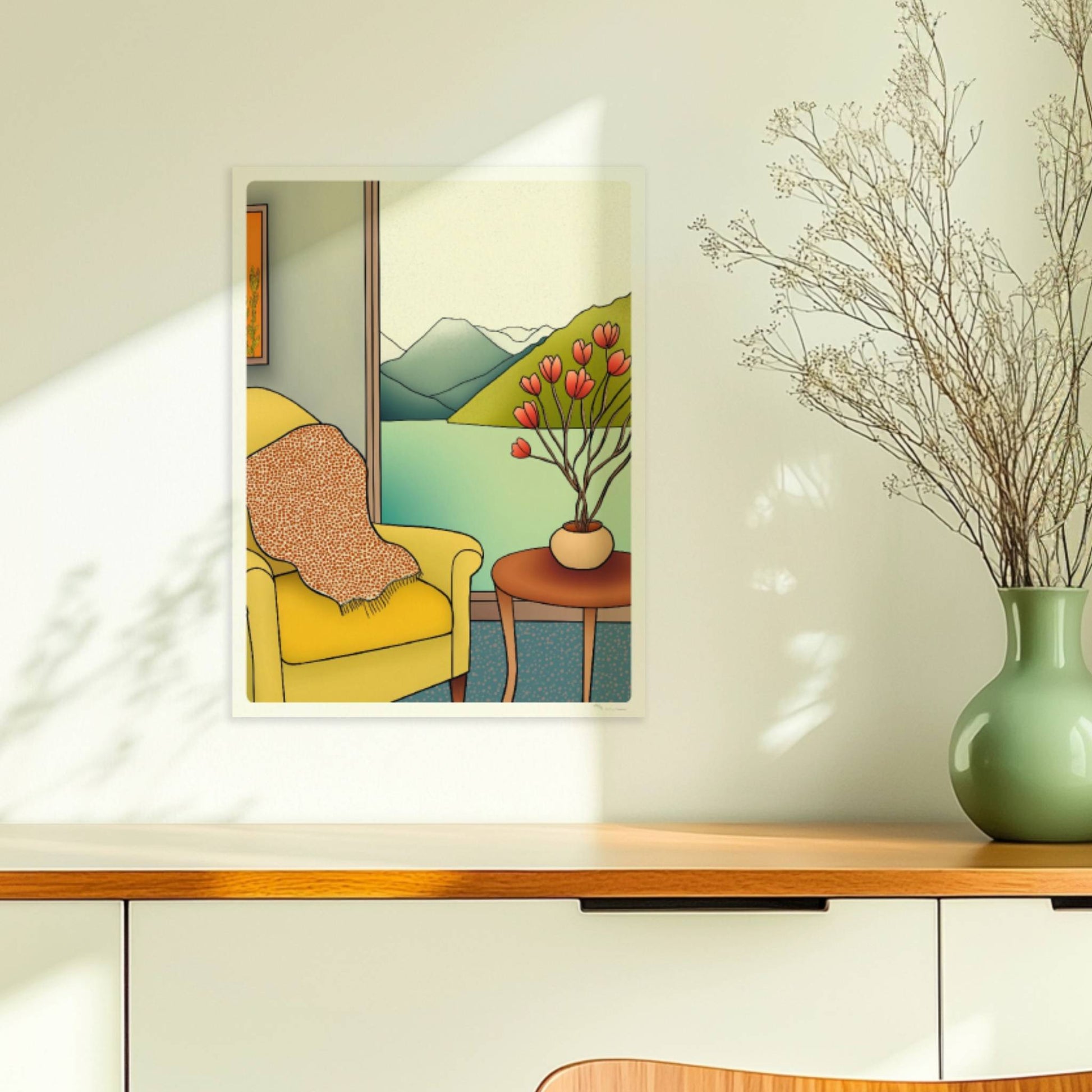 Gelber Sessel mit Decke und Vase mit roten Blüten vor Panoramafenster mit Berg- und Seeblick – gemütliche Wohnszene.. Ohne Rahmen 30x40