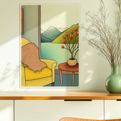 Gelber Sessel mit Decke und Vase mit roten Blüten vor Panoramafenster mit Berg- und Seeblick – gemütliche Wohnszene.. Ohne Rahmen 50x70