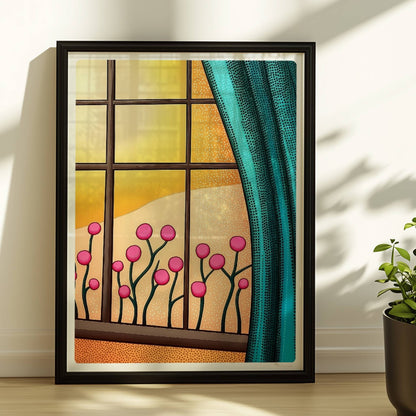 Fenster mit türkisfarbenem Vorhang, pinken Blumen und goldenem Sonnenuntergang – warme, gemütliche Stimmung.. Rahmen schwarz 30x40